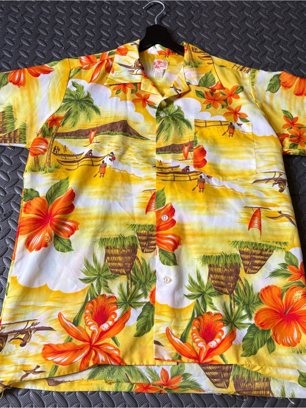 RARE 60s Sears Hawaiian Shirt Vintage Tropical Yellow with Orange Floral Print